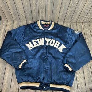 Veezo Vintage New York Bomber Jacket Satin Baseball World Champions Blue Sz XL